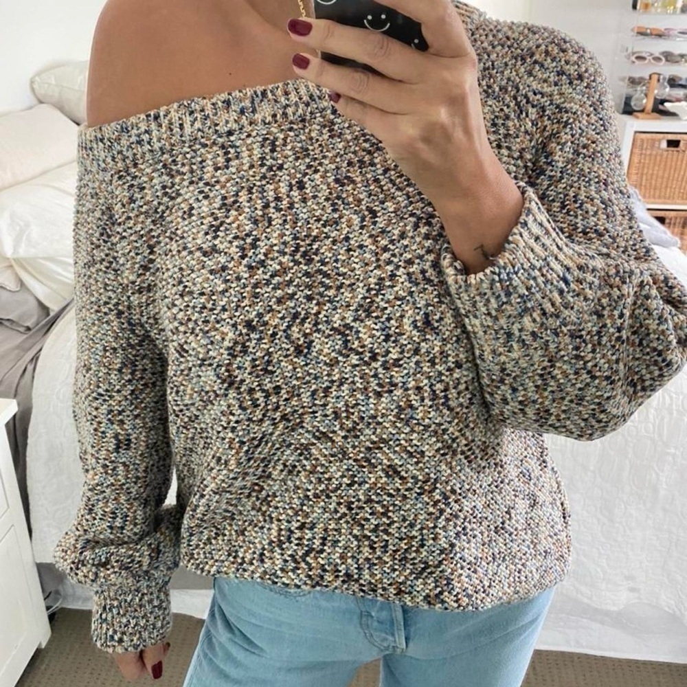 Viktoria & Woods Chunky Knit Sweater Jumper Blue Brown Speckled Off Shoulder - Picture 1 of 9